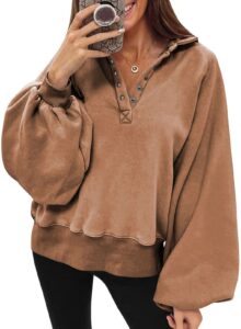 dokotoo womens oversized sweatshirts buttoned crewneck oversized loose comfy long sleeve lantern sleeve sweatshirts for women pullover casual fashion winter fall shirt tops brown medium