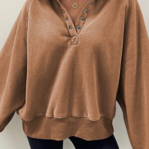 Dokotoo Womens Oversized Sweatshirts Buttoned Crewneck Oversized Loose Comfy Long Sleeve Lantern Sleeve Sweatshirts for Women Pullover Casual Fashion Winter Fall Shirt Tops Brown Medium