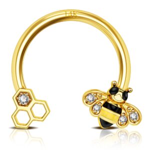 Jewseen 14K Solid Gold Cartilage Earring Hoop Bee Septum Ring 16g Helix Earring Daith Earring Nose Ring Hoop Helix Piercing Jewelry Daith Piercing Nose Piercing Jewelry Septum Jewelry for Women Men