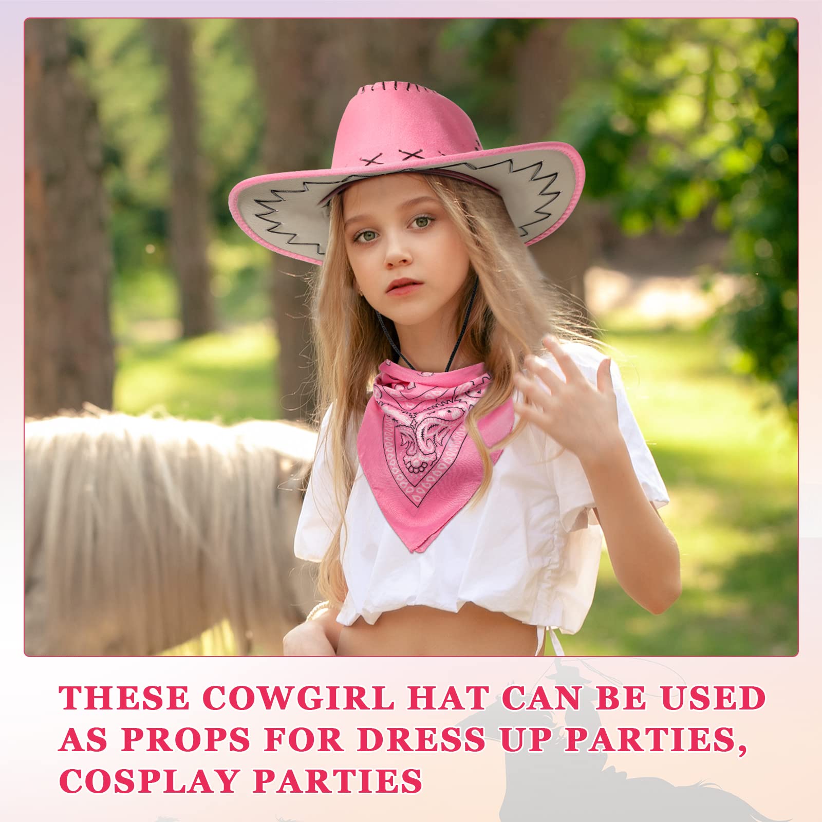 12 Pcs Pink Cowboy Hats with 12 Polyester Bandanas, Western Cowgirl Suede Hats Rodeo Princess Hat for Dress-Up Bachelorette Parties Play Costume