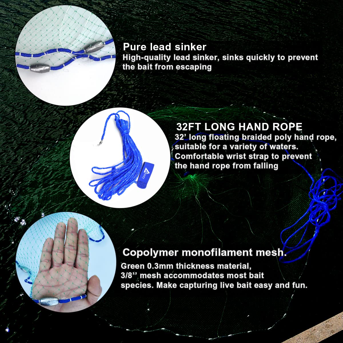 Drasry Saltwater American Green Monofilament Fishing Cast Net Lead Sinker 3/8inch Mesh for Bait Minnows Trap Fish Heavy Duty Throw Net 4FT/5FT/6FT/7FT/8FT Radius Size 4FT Radius