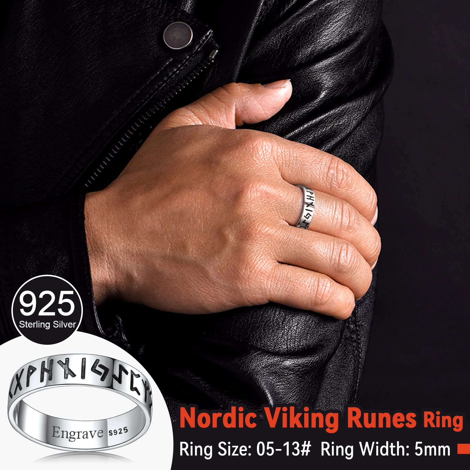 FaithHeart Sterling Silver Rune Band Rings for Women Norse Viking Runes Pinky Ring Size 5