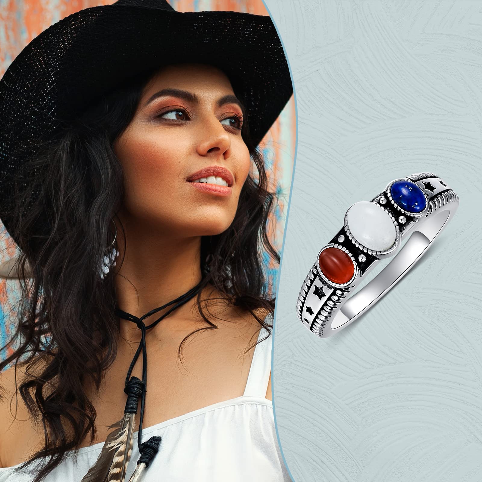 BETHZA Gemstone Rings 925 Sterling Silver Red Agate Blue Lapis White Agate Oval 3-Stone Handmade Natural Stone Ring Patriotic Element Jewelry