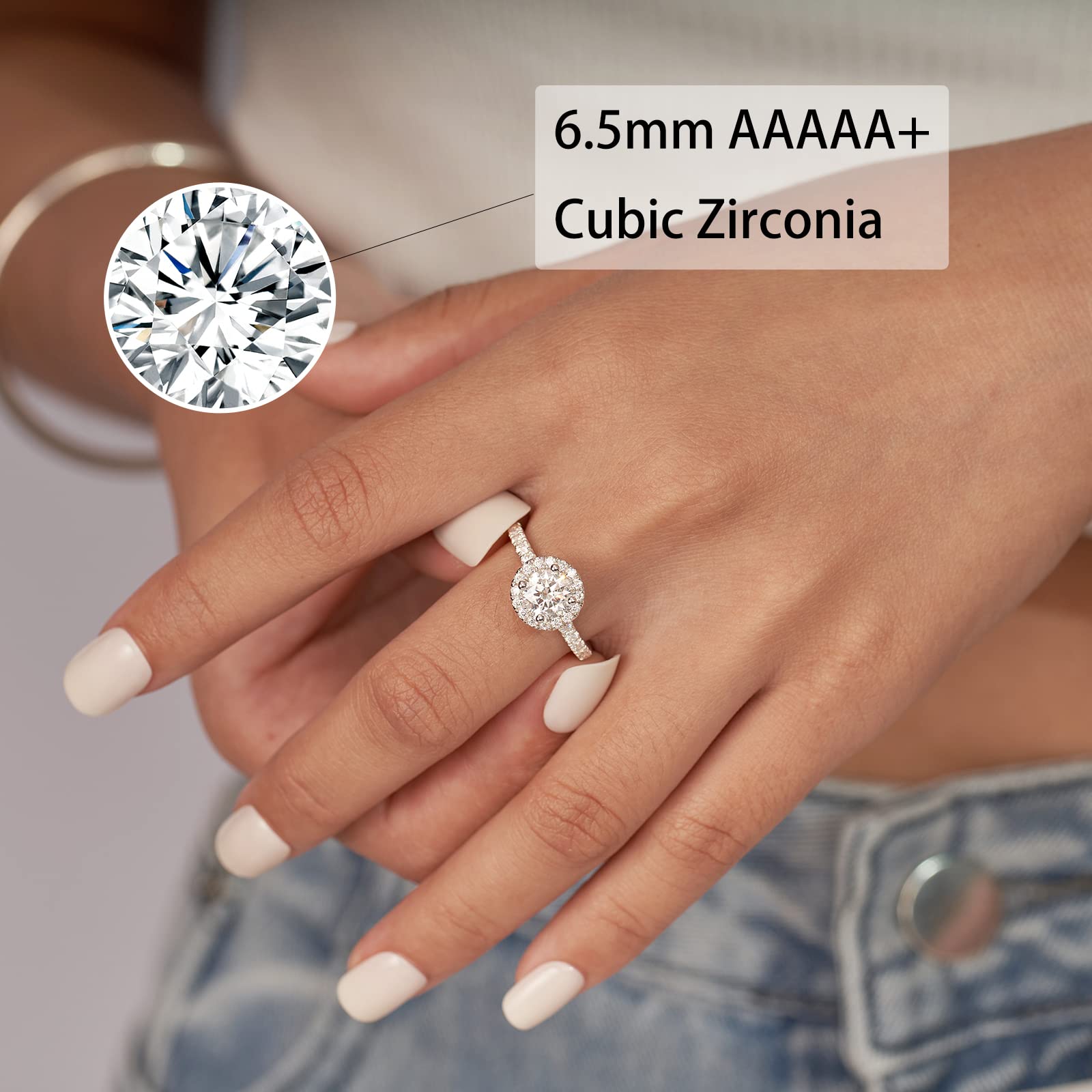 GMOND Round Halo Engagement Rings for Women Wedding Rings for Women Promise Rings for Her Cubic Zirconia Ring 925 Sterling Silver Rings Fake Engagement Wedding Ring with 18K White Gold Plated Size 7