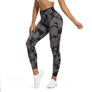 Aoxjox Seamless Scrunch Legging for Women Asset Tummy Control Workout Gym Fitness Sport Active Yoga Pants (Tie-Dye Black Grey, Small)