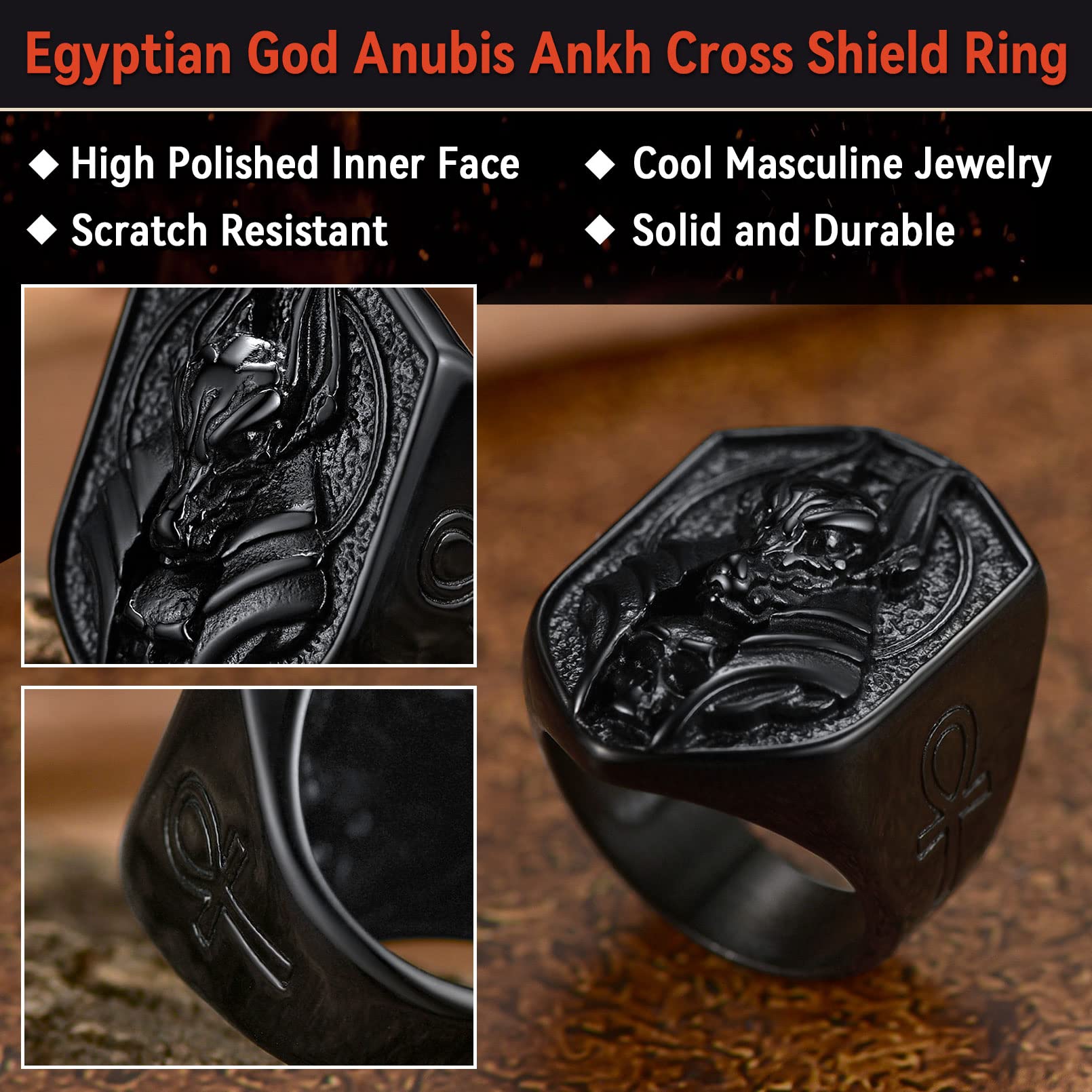 FaithHeart Old-school Women Anubis Band Ring Stainless Steel Shield Shape Ankh Protection Jewelry