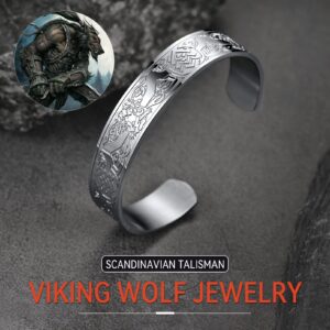 FaithHeart Viking Wolf Cuff Bracelet for Male Stainless Steel Punk Celtic Knot Norse Jewelry