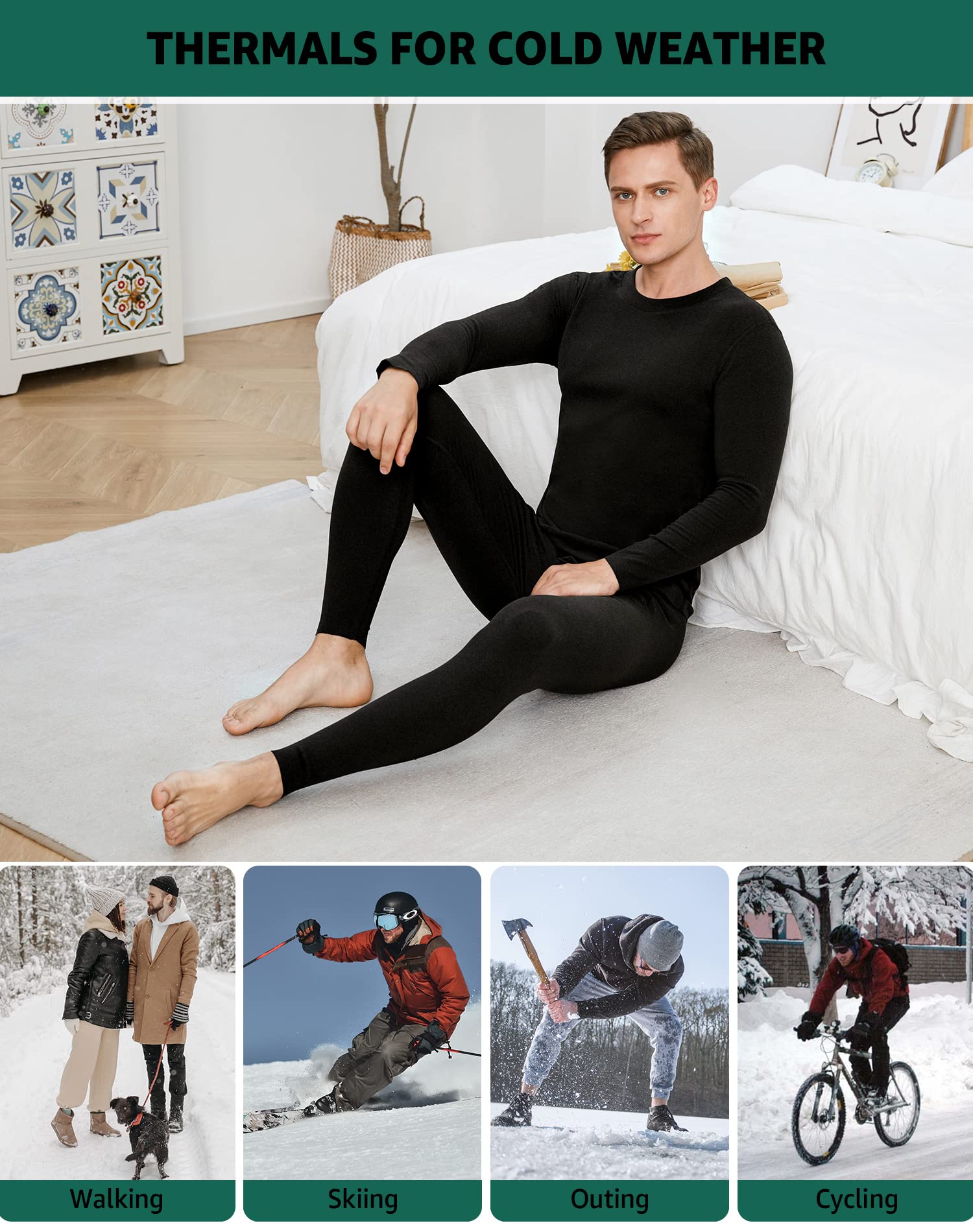 INNERSY Men's Thermal Underwear Set Lightweight Base Layer Long Johns for Winter Exercise(Black,X-Large)