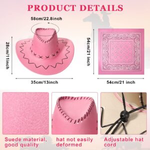 12 Pcs Pink Cowboy Hats with 12 Polyester Bandanas, Western Cowgirl Suede Hats Rodeo Princess Hat for Dress-Up Bachelorette Parties Play Costume