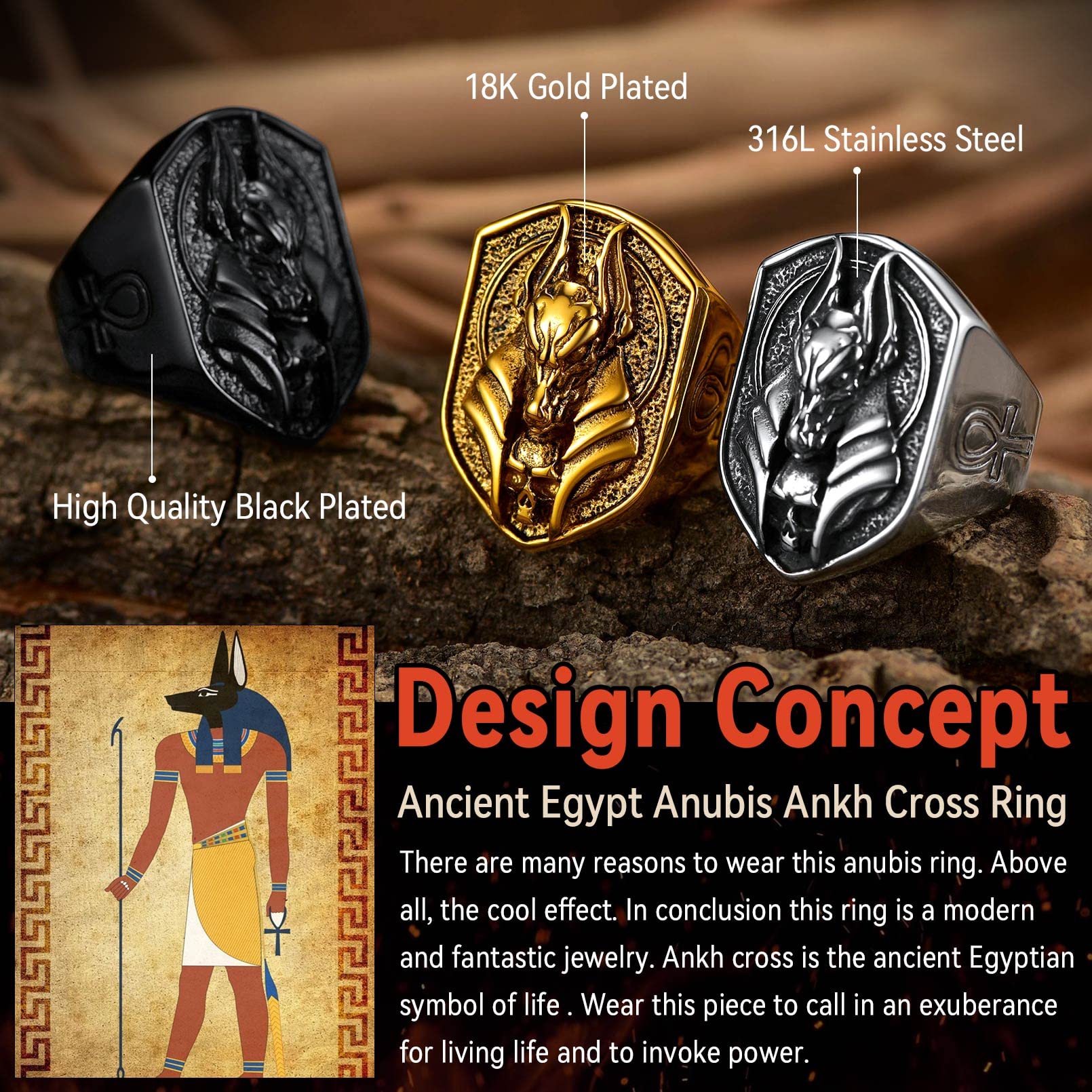 FaithHeart Old-school Women Anubis Band Ring Stainless Steel Shield Shape Ankh Protection Jewelry