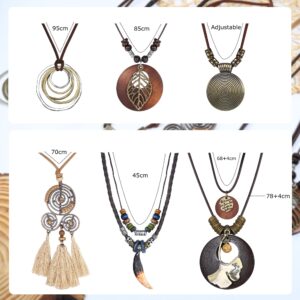 Sanfenly 6Pcs Long Pendant Necklaces for Women Vintage Style Bohemian Tribal Tassel Leaf Leather Necklace Adjustable Statement Handmade Wood Brown Sweater Necklace Set