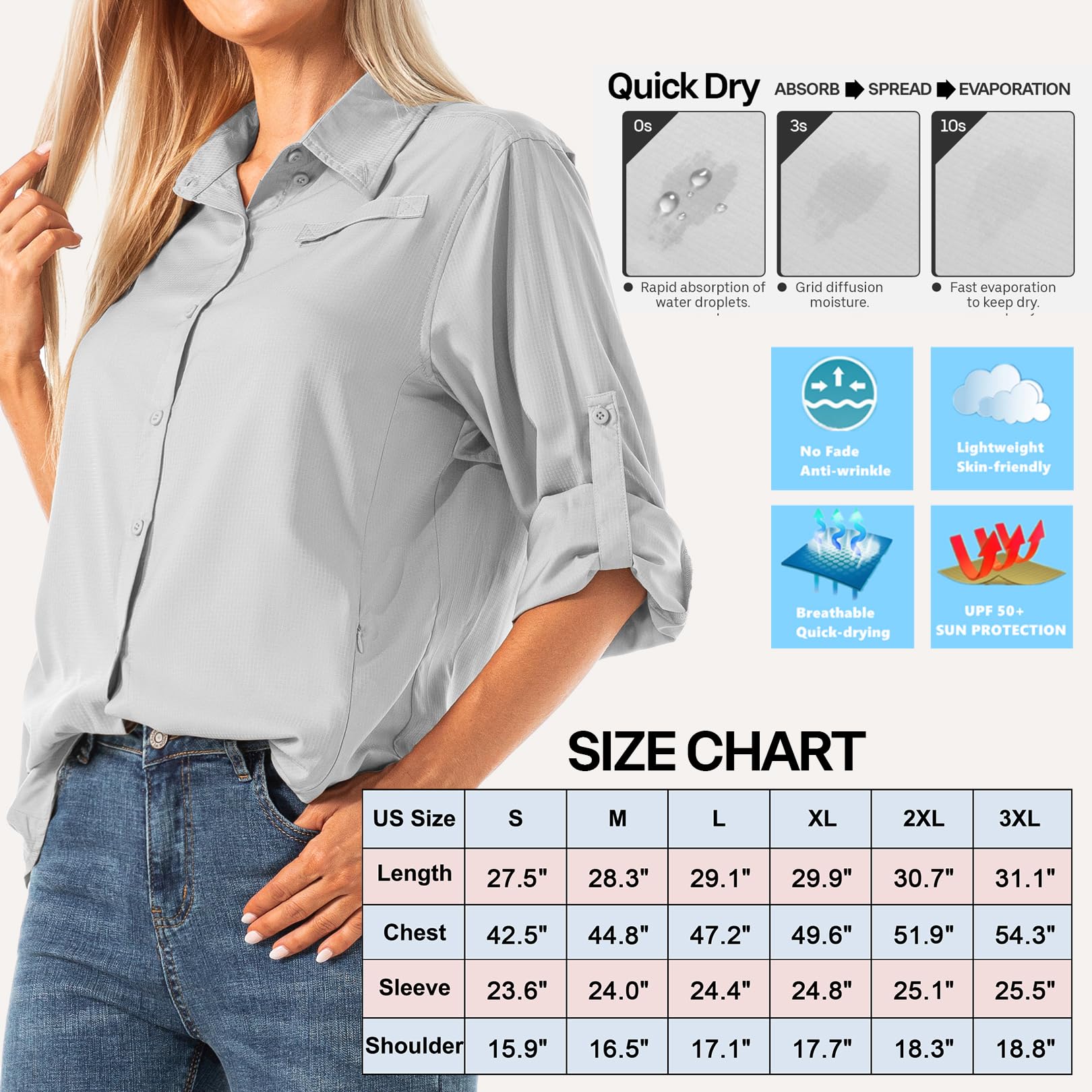 Jessie Kidden Women's Quick Dry Sun UV Protection Convertible Long Sleeve Shirts for Hiking Camping Fishing Sailing (5024 Grey M)