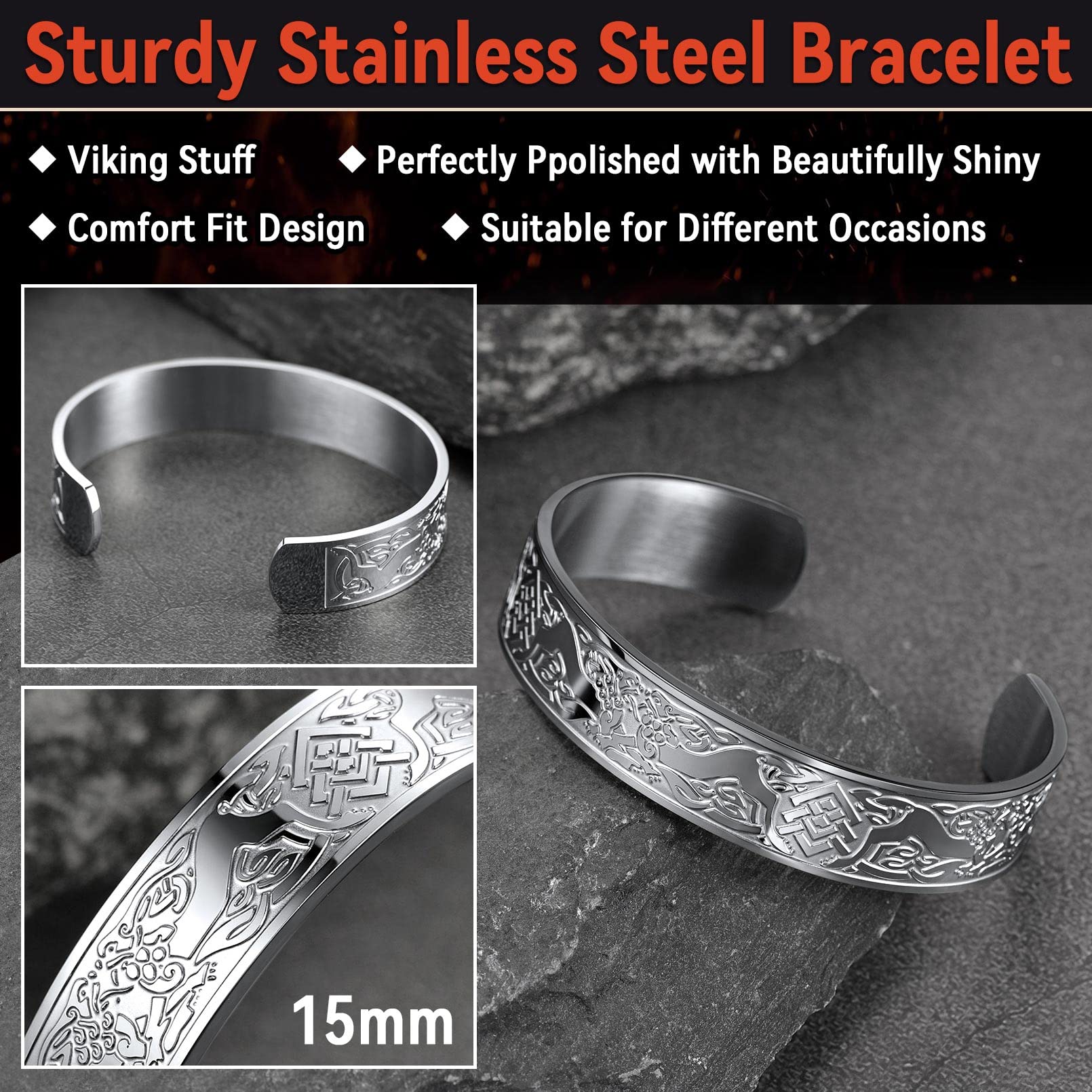 FaithHeart Viking Wolf Cuff Bracelet for Male Stainless Steel Punk Celtic Knot Norse Jewelry