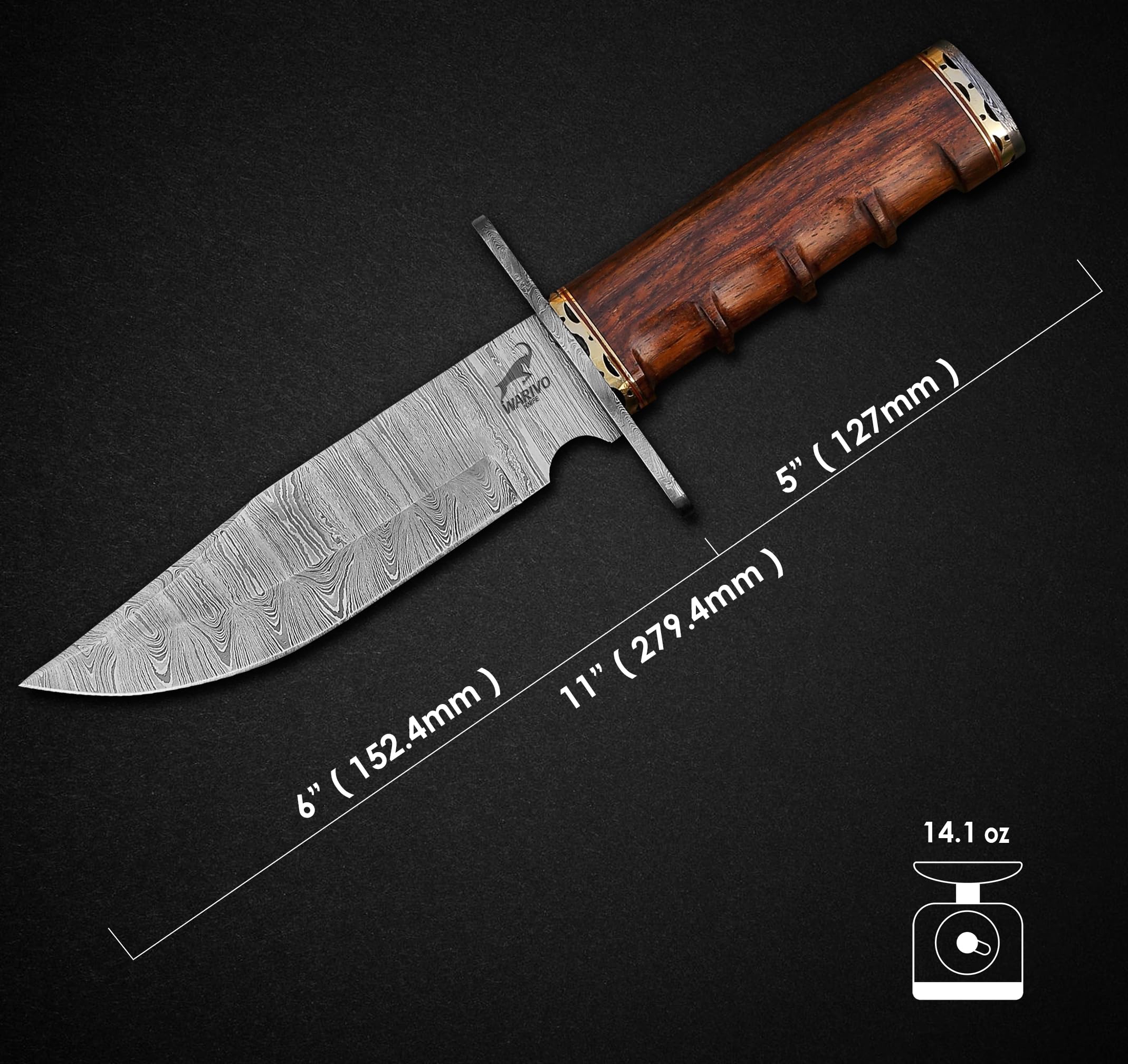 Handmade Damascus Steel Hunting Knife - 11" EDC Fixed Blade Knife Ideal for Skinning, Camping, and Outdoor, Bushcraft, Tactical, Skinning Knife With Wood Handle & Leather Sheath