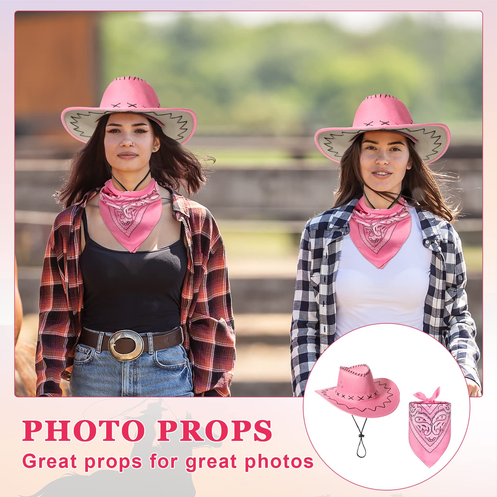 12 Pcs Pink Cowboy Hats with 12 Polyester Bandanas, Western Cowgirl Suede Hats Rodeo Princess Hat for Dress-Up Bachelorette Parties Play Costume