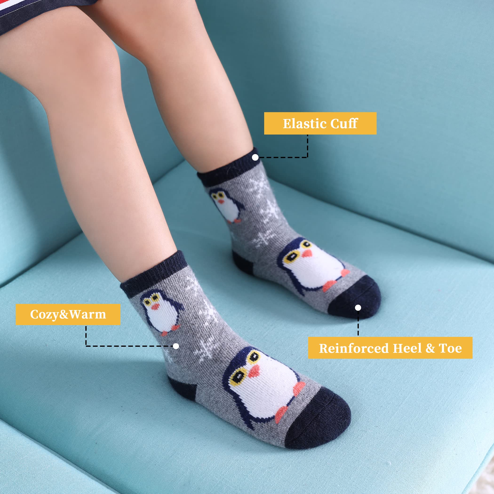 FNOVCO Kids Merino Wool Hiking Socks Toddlers Boys Girls Cozy Thermal Winter Thick Warm Crew Socks 6 Pairs (4-7 Years, Animal 01)