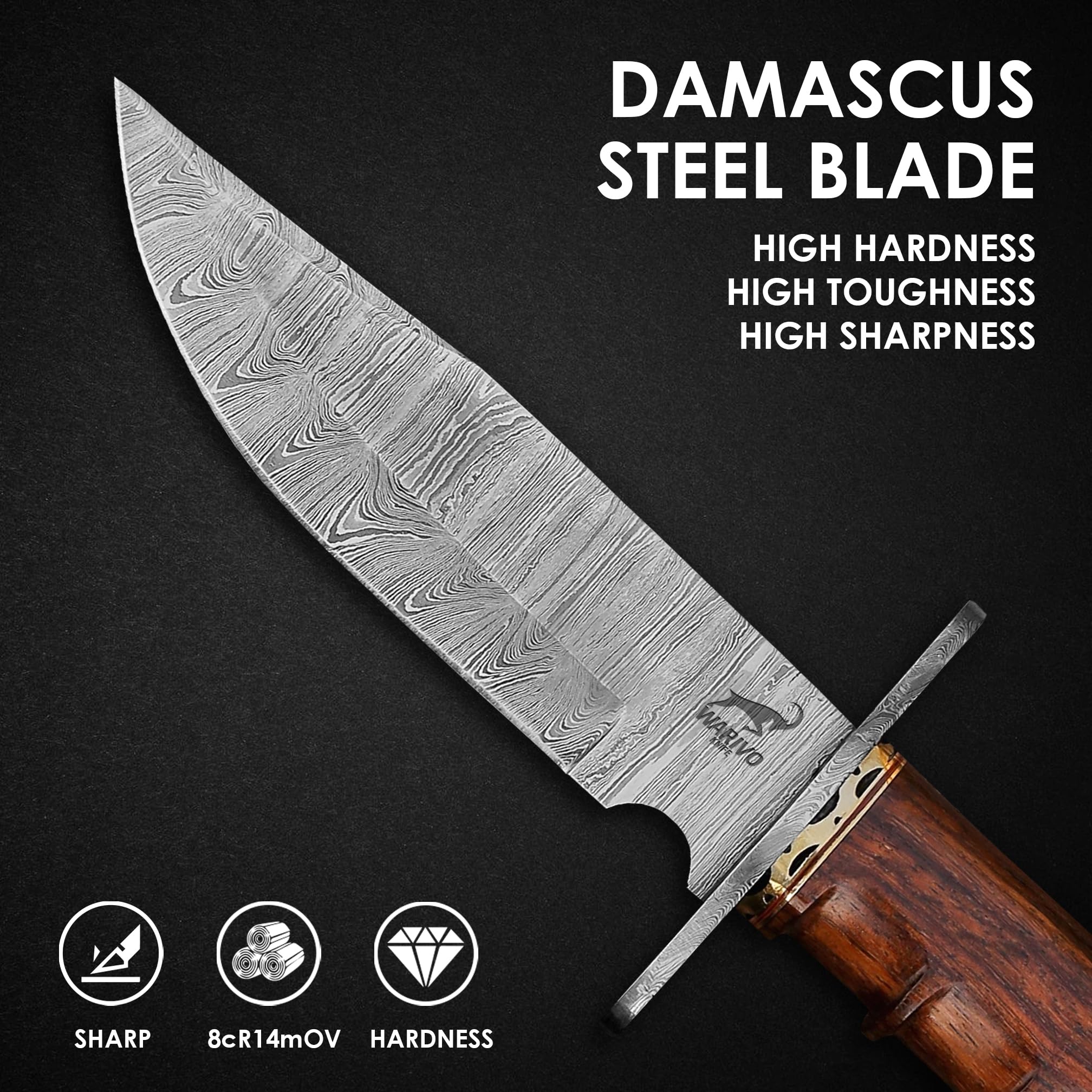 Handmade Damascus Steel Hunting Knife - 11" EDC Fixed Blade Knife Ideal for Skinning, Camping, and Outdoor, Bushcraft, Tactical, Skinning Knife With Wood Handle & Leather Sheath