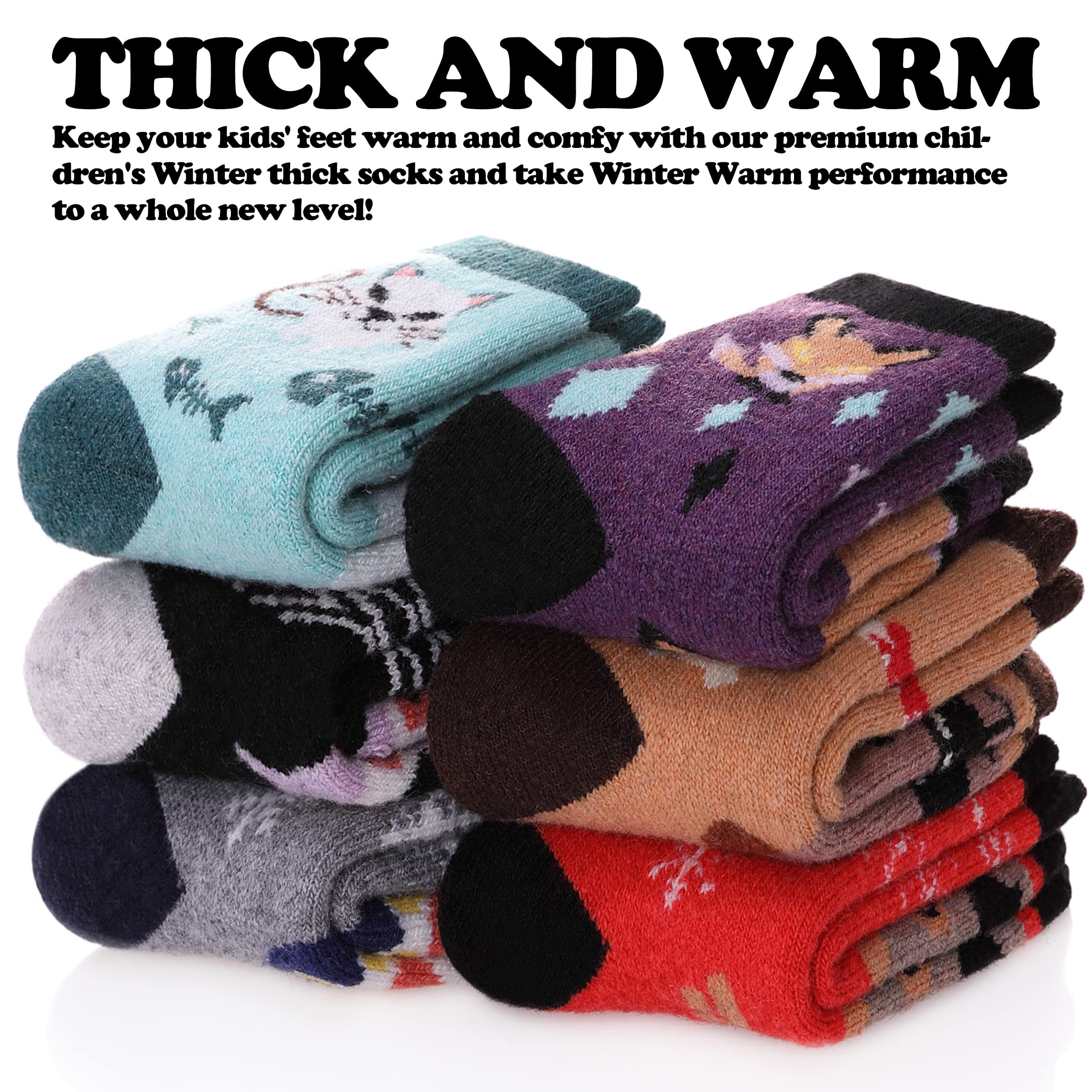 FNOVCO Kids Merino Wool Hiking Socks Toddlers Boys Girls Cozy Thermal Winter Thick Warm Crew Socks 6 Pairs (4-7 Years, Animal 01)