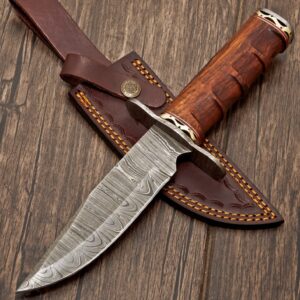 Handmade Damascus Steel Hunting Knife - 11" EDC Fixed Blade Knife Ideal for Skinning, Camping, and Outdoor, Bushcraft, Tactical, Skinning Knife With Wood Handle & Leather Sheath