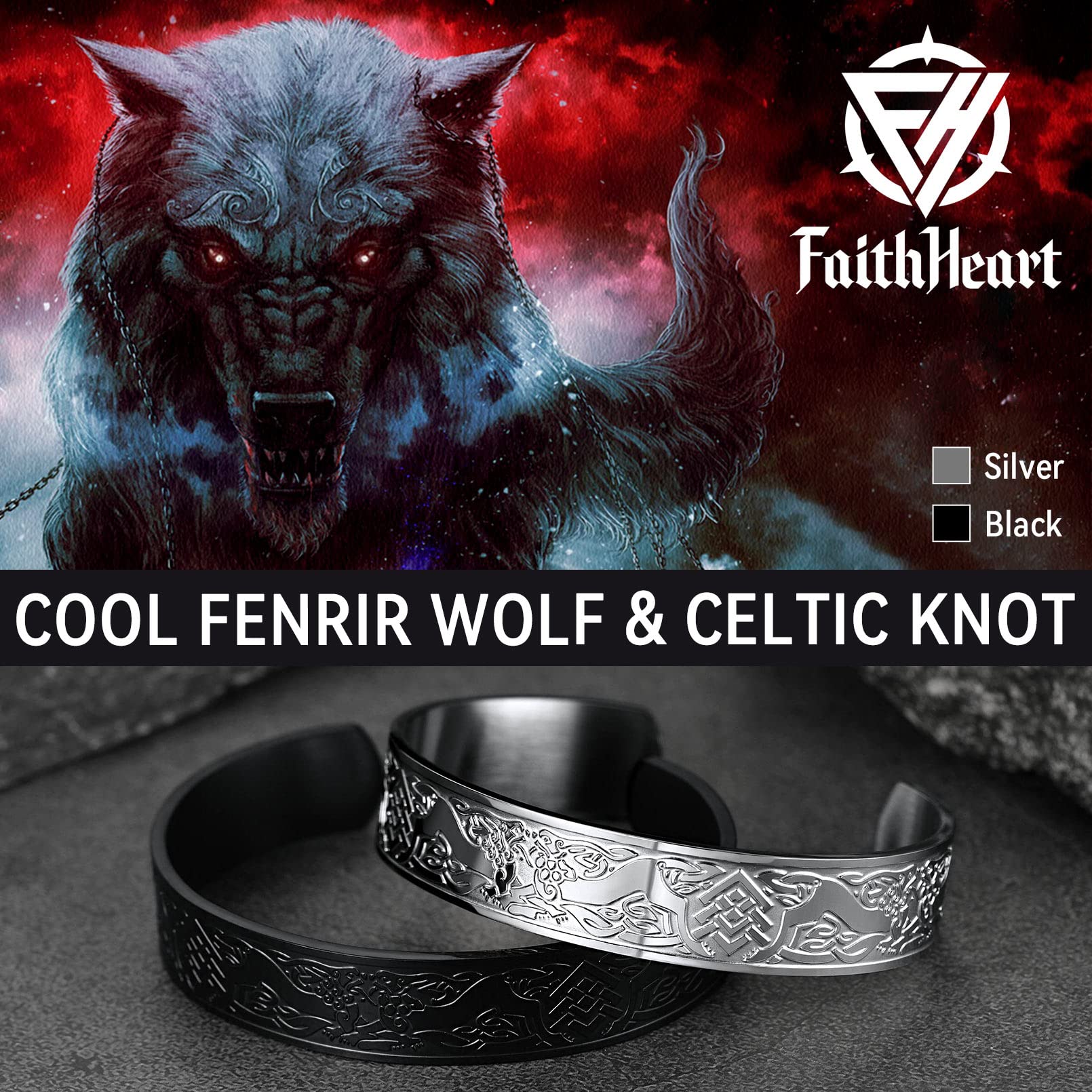 FaithHeart Viking Wolf Cuff Bracelet for Male Stainless Steel Punk Celtic Knot Norse Jewelry