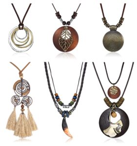 sanfenly 6pcs long pendant necklaces for women vintage style bohemian tribal tassel leaf leather necklace adjustable statement handmade wood brown sweater necklace set