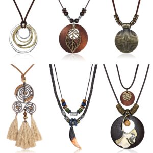 Sanfenly 6Pcs Long Pendant Necklaces for Women Vintage Style Bohemian Tribal Tassel Leaf Leather Necklace Adjustable Statement Handmade Wood Brown Sweater Necklace Set