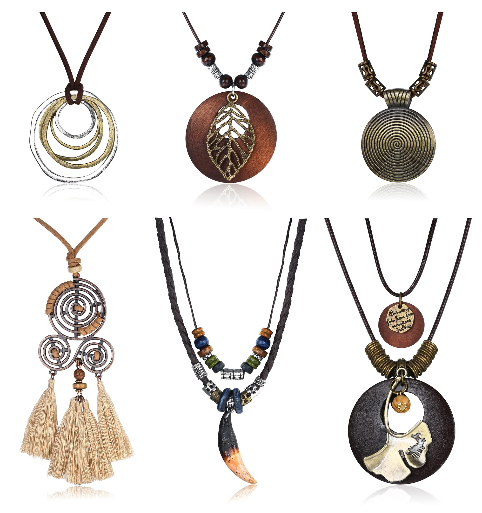 Sanfenly 6Pcs Long Pendant Necklaces for Women Vintage Style Bohemian Tribal Tassel Leaf Leather Necklace Adjustable Statement Handmade Wood Brown Sweater Necklace Set