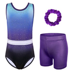 XFGIRLS Gymnastics Leotards for Girls Sparkle 2 Piece Activewear Sleeveless Gymnastics and Tumbling Athletic Leotards with Short Set Blue Purple Size 10-12