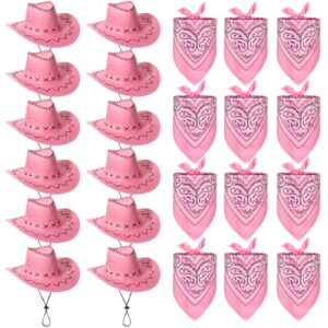 12 pcs pink cowboy hats with 12 polyester bandanas, western cowgirl suede hats rodeo princess hat for dress-up bachelorette parties play costume