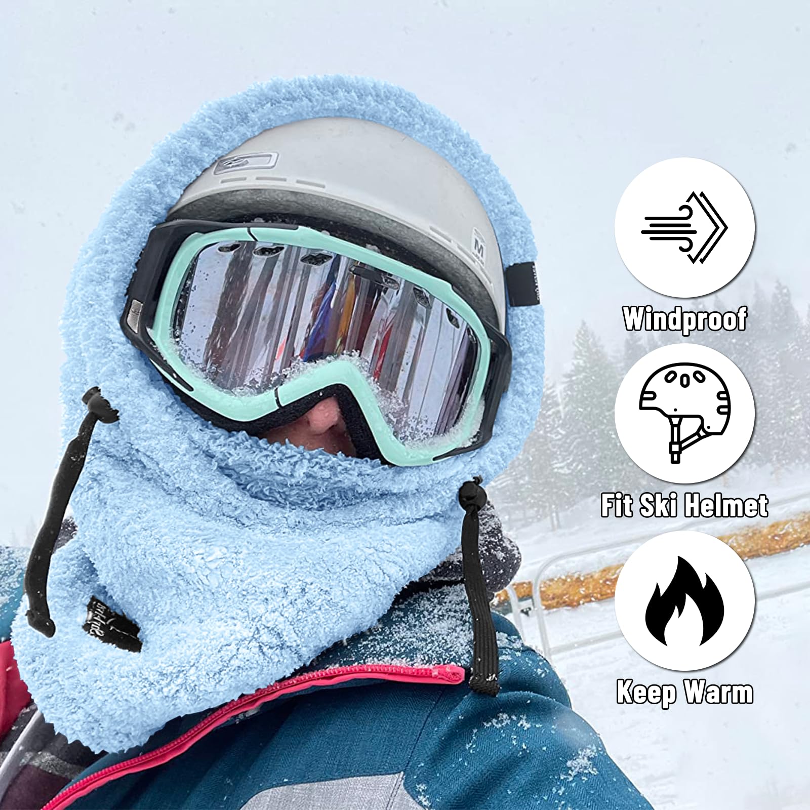 Senllen Balaclava Cold Weather Fleece Windproof Ski Mask Winter Breathable Thermal Face Mask Neck Warmer Scarf Helmet Hood for Men/Women Ice Blue