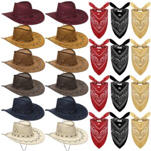 cindeer 24 pcs western cowboy hats with polyester bandanas western cap suede leather hat and square bandanas scarf for adult(retro color)