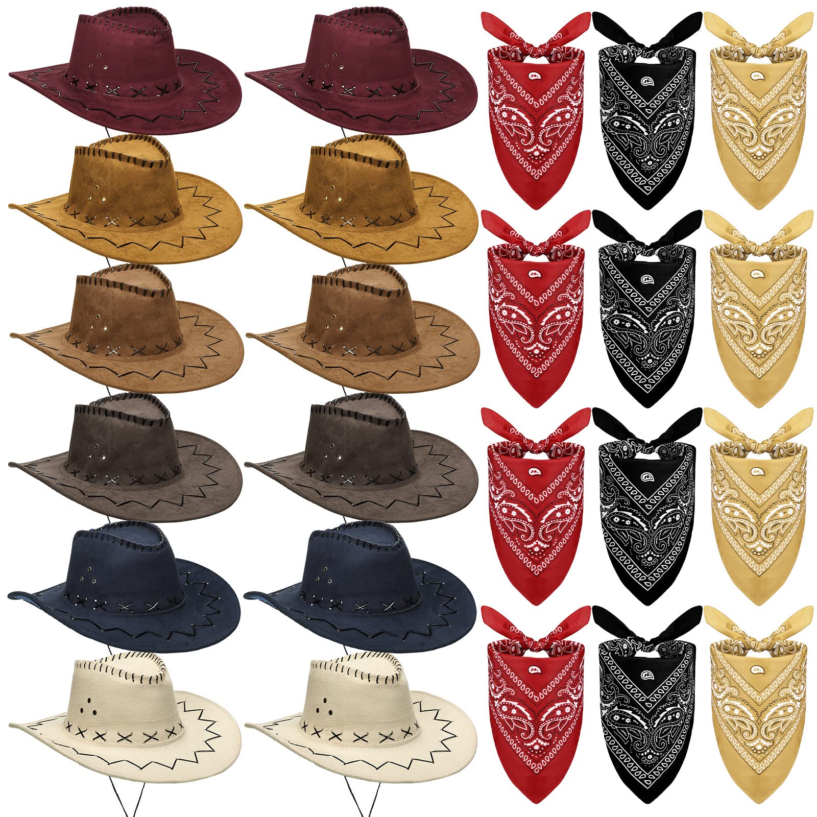 Cindeer 24 Pcs Western Cowboy Hats with Polyester Bandanas Western Cap Suede Leather Hat and Square Bandanas Scarf for Adult(Retro Color)