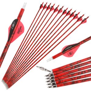 ZSHJGJR 30" Carbon Arrows Archery Hunting Arrows Spine 500 with Removable Tips Targeting Practice Arrows for Compound Recurve Bow (12, Red)