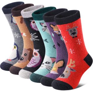 fnovco kids merino wool hiking socks toddlers boys girls cozy thermal winter thick warm crew socks 6 pairs (4-7 years, animal 01)