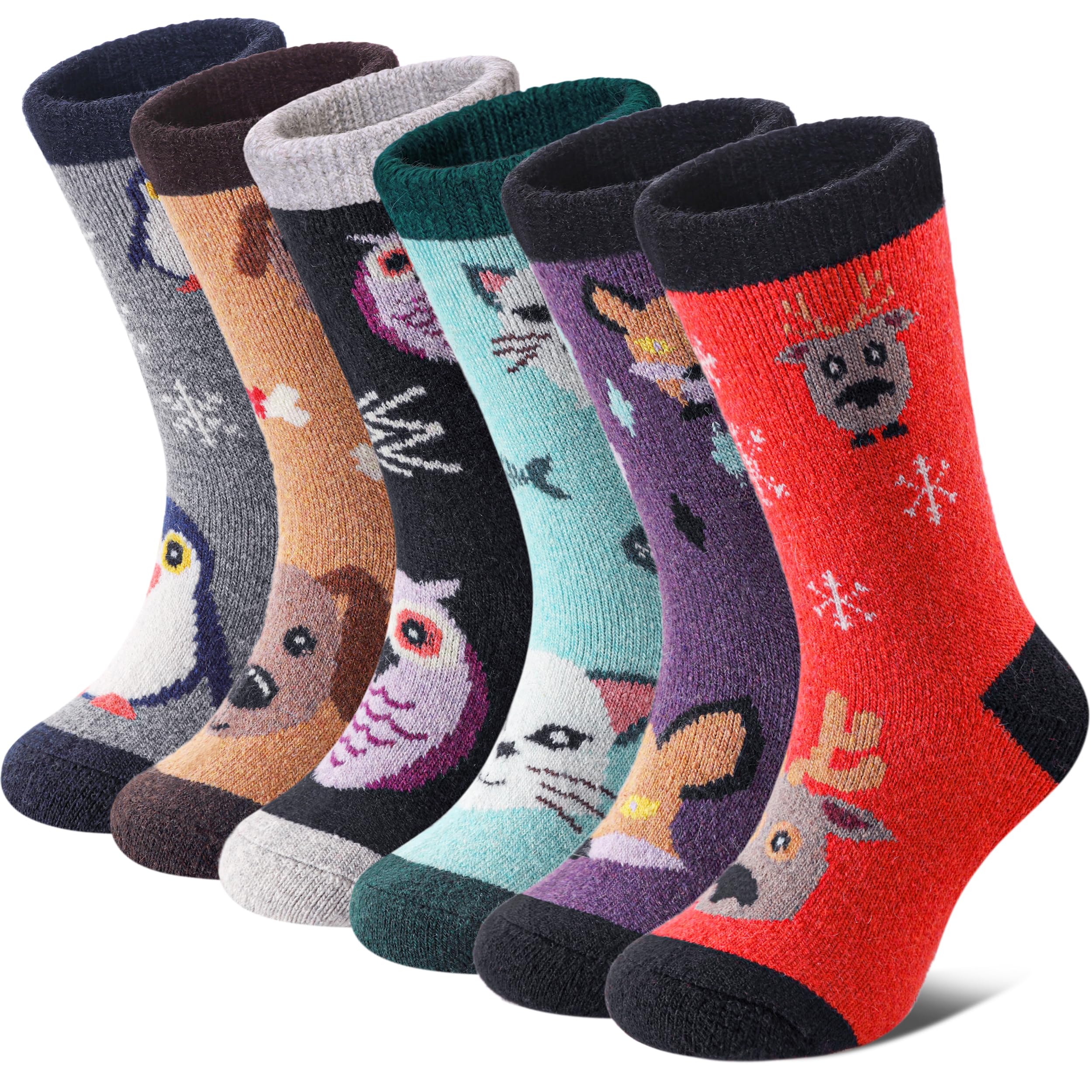 FNOVCO Kids Merino Wool Hiking Socks Toddlers Boys Girls Cozy Thermal Winter Thick Warm Crew Socks 6 Pairs (4-7 Years, Animal 01)