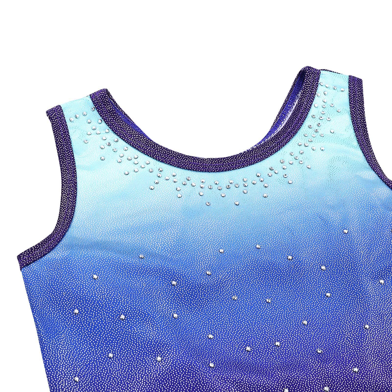 XFGIRLS Gymnastics Leotards for Girls Sparkle 2 Piece Activewear Sleeveless Gymnastics and Tumbling Athletic Leotards with Short Set Blue Purple Size 10-12