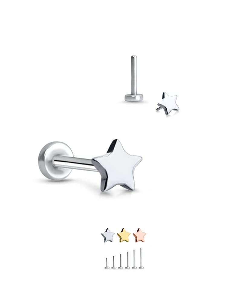 316 Stainless Steel Threadless Push Pin Nose Ring Labret Monroe Stud Star, 3/16" (5mm) Post Length 16G