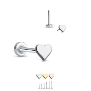 Rose-Tone 316 Stainless Steel Threadless Push Pin Nose Ring Labret Monroe Stud Heart, 3/8" (10mm) Post Length 18G