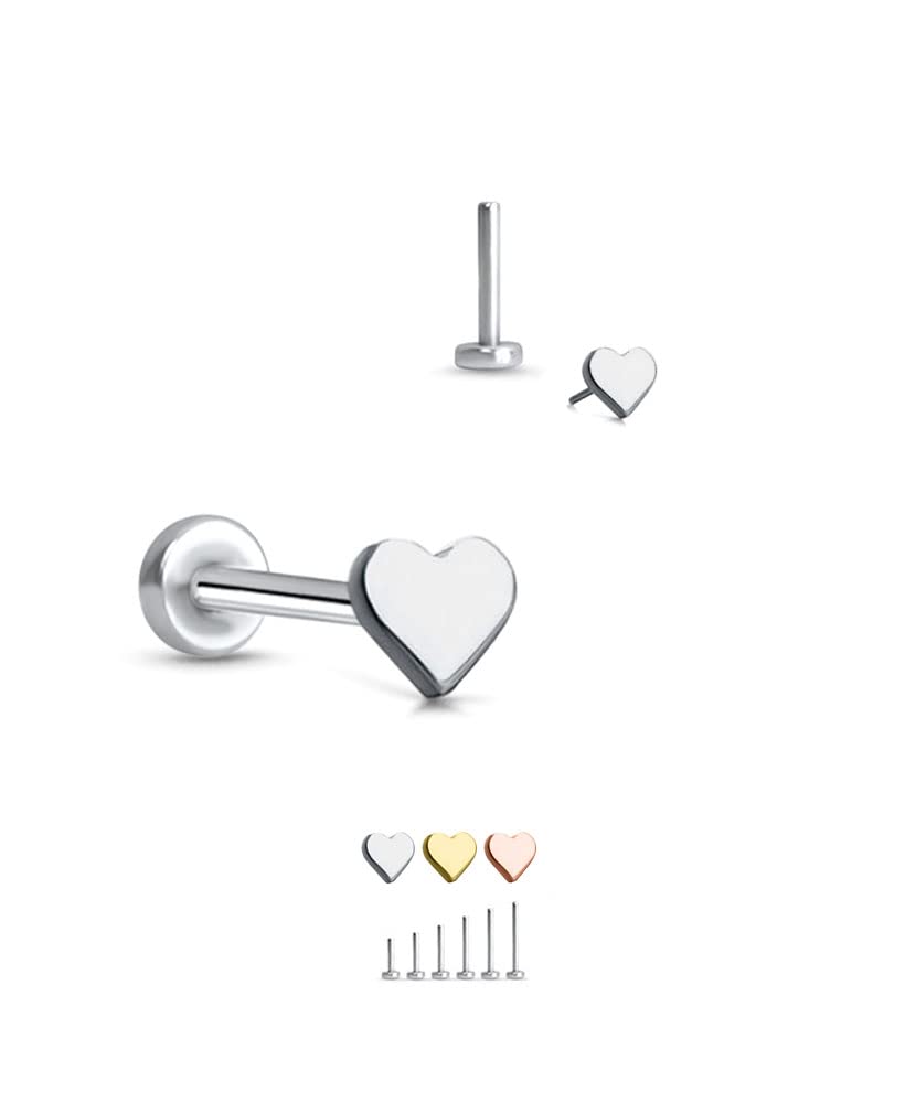 Rose-Tone 316 Stainless Steel Threadless Push Pin Nose Ring Labret Monroe Stud Heart, 3/8" (10mm) Post Length 18G