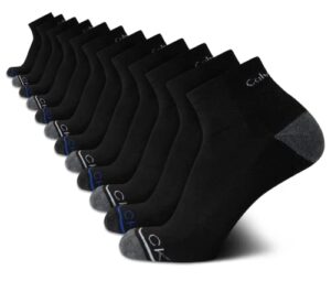 calvin klein men's high quarter socks - 12 pack breathable soft cushion mini crew athletic socks for men (shoe size: 6-12.5), size 7-12, black assorted