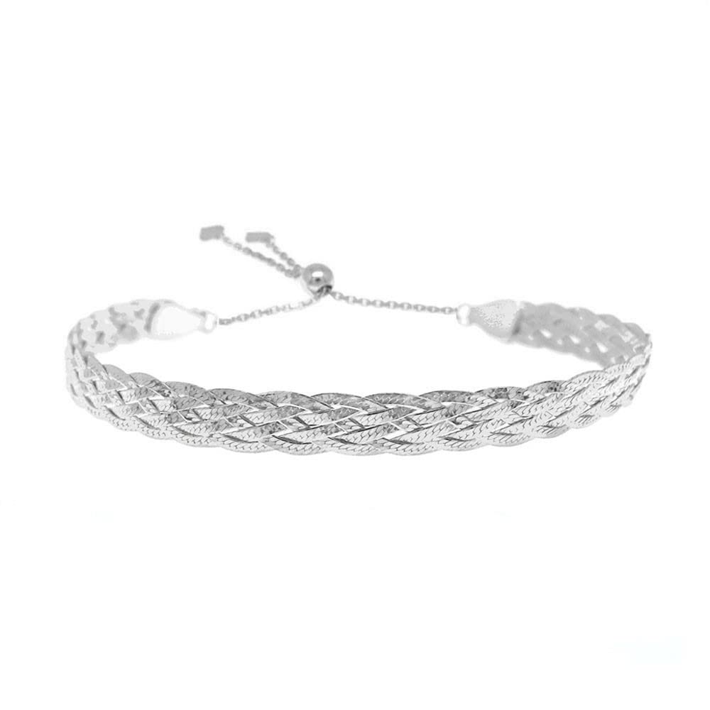 Savlano 925 Sterling Silver Braided Herringbone Chain Adjustable Bolo Slider Bracelet – 18K Gold Plated Over Silver Bracelet for Women - Made In Italy Comes with a Gift Box (White)