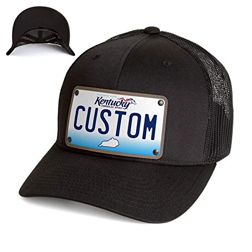 Custom Kentucky License Plate Snapback Trucker Hat Printed on Leather Patch. Kentucky