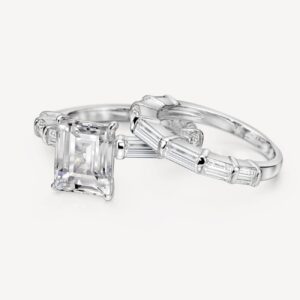 Michooyel S925 4ct Emerald Cut 2 in1 Engagement Wedding Ring Sets Baguette Wedding Ring Band Cubic Zirconia Sterling Silver Promise Ring For Women Women Ladies