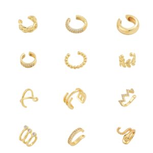 alyxuy gold ear cuff non piercing for women, 14k gold plated hypoallergenic huggie cross ear cuff earrings（12pcs) (kc010-2)