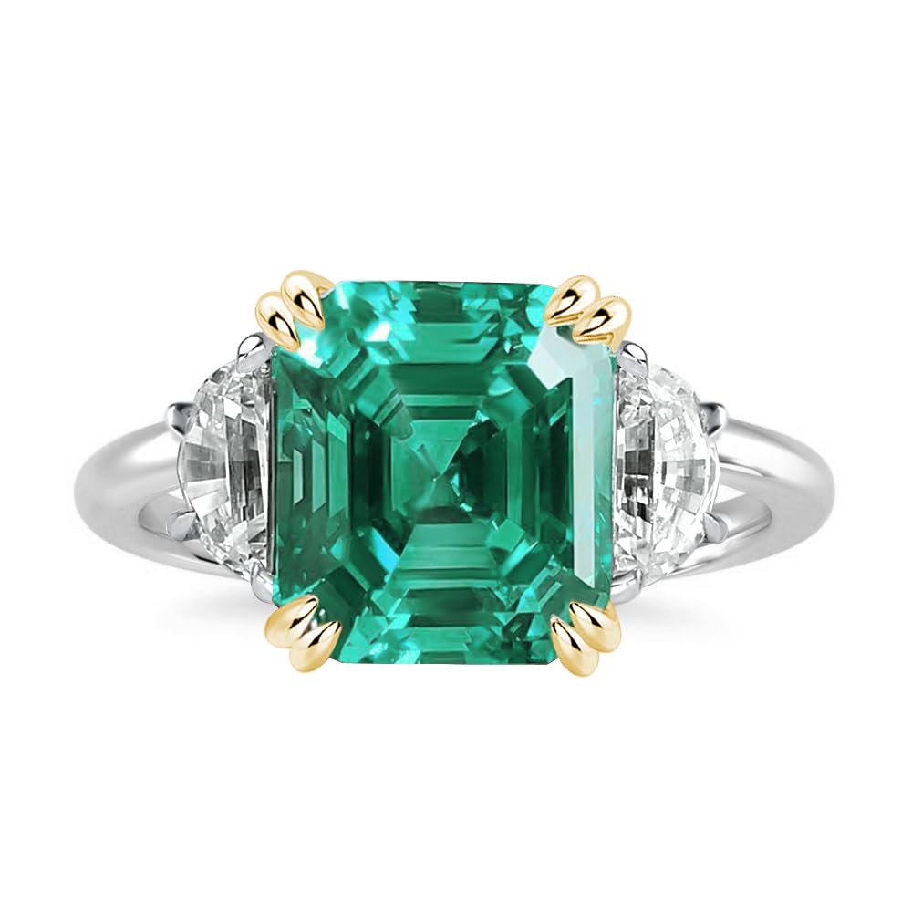 Effinny 4.5ct Women's Two-Tone Emerald Engagement Ring,Asscher Cut Green Paraiba Tourmaline Three Stone Promise Ring in 925 Sterling Silver(Size:4.5)