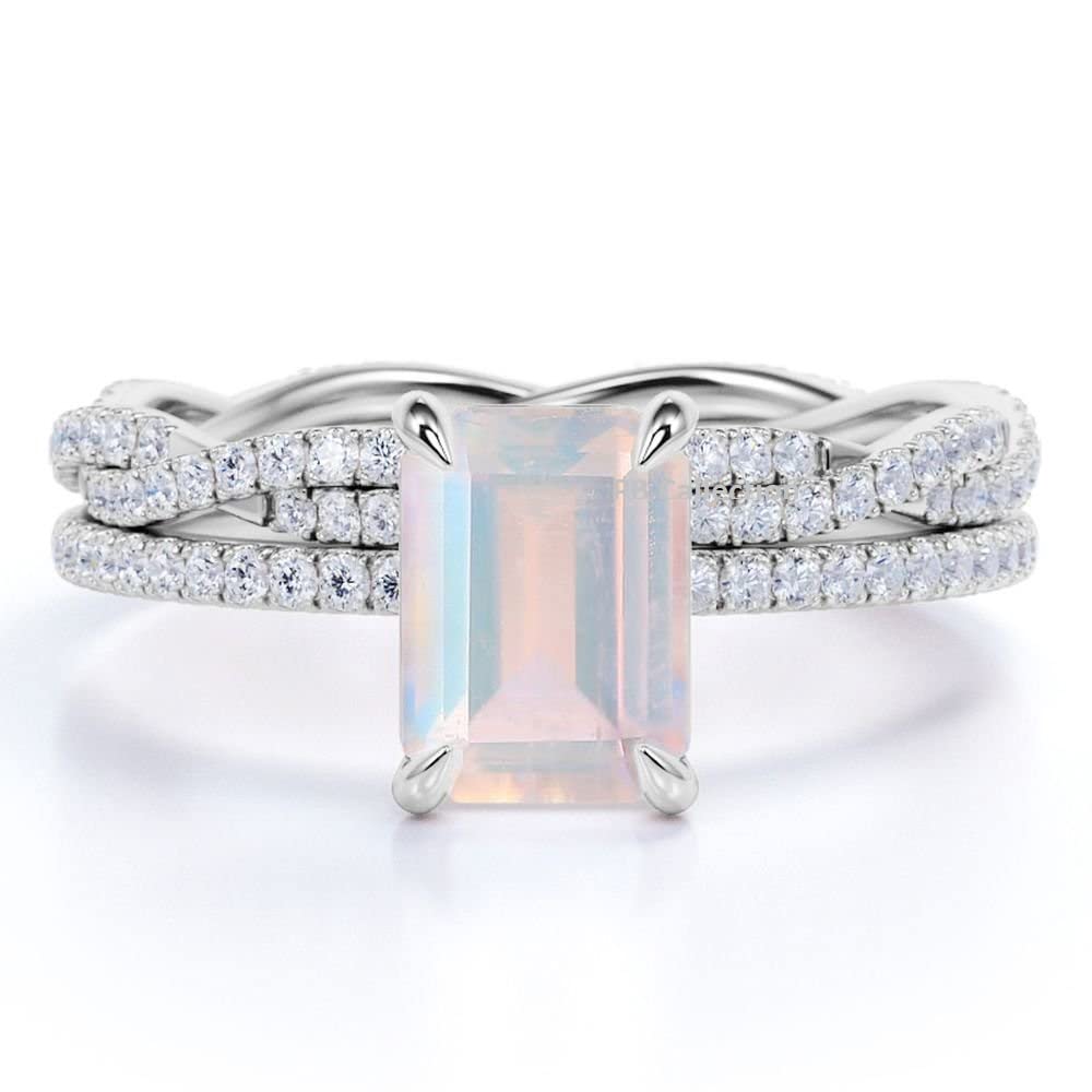 PB Collection Emerald Cut Created Moonstone Twisted Pave Wedding Band Engagement Ring Bridal Set in 925 Sterling Silver 5