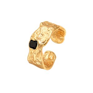 POTESSA 18K Gold Plated Open Statement Ring for Women Vintage Black Obsidian Band Ring Cocktail Rings for Her