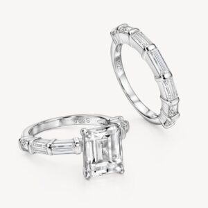 Michooyel S925 4ct Emerald Cut 2 in1 Engagement Wedding Ring Sets Baguette Wedding Ring Band Cubic Zirconia Sterling Silver Promise Ring For Women Women Ladies