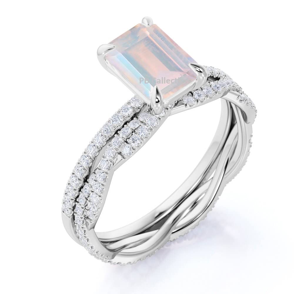 PB Collection Emerald Cut Created Moonstone Twisted Pave Wedding Band Engagement Ring Bridal Set in 925 Sterling Silver 5