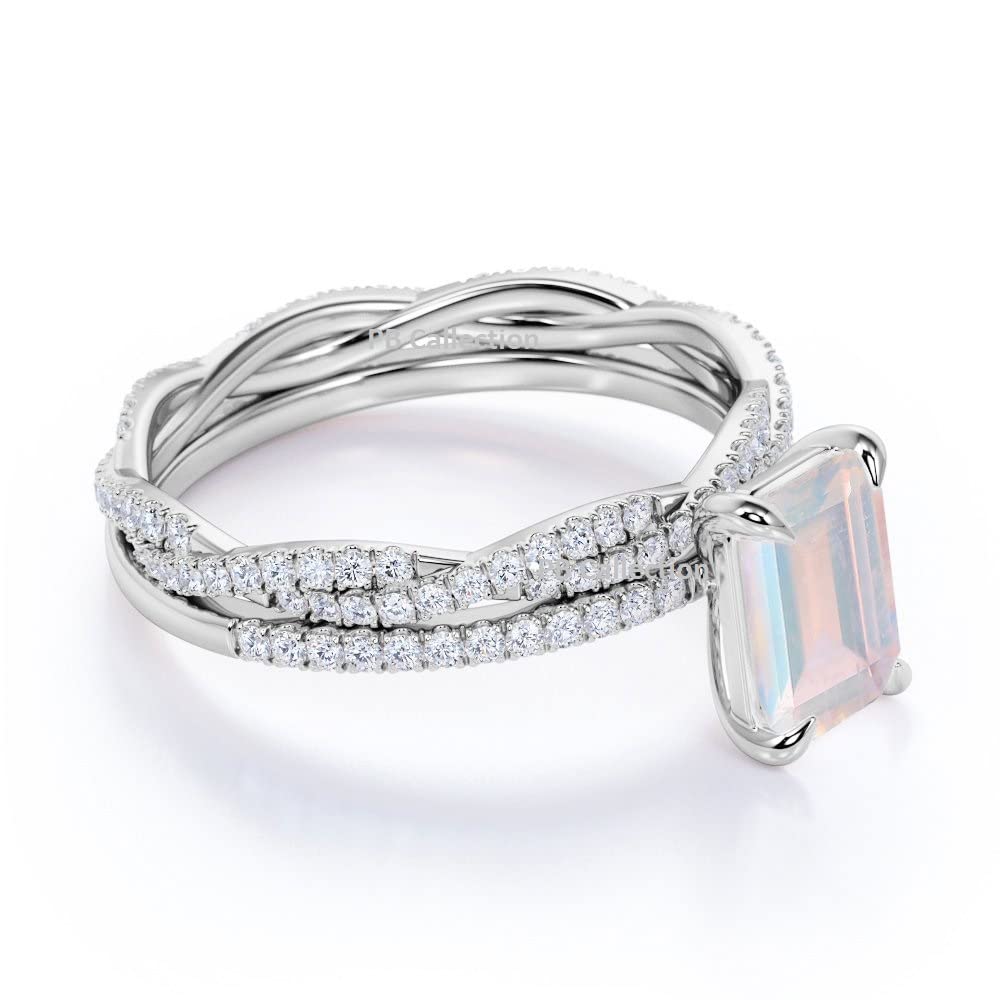 PB Collection Emerald Cut Created Moonstone Twisted Pave Wedding Band Engagement Ring Bridal Set in 925 Sterling Silver 5